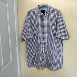 Button down short sleeve blue orange white check cotton blend shirt XL Vacation